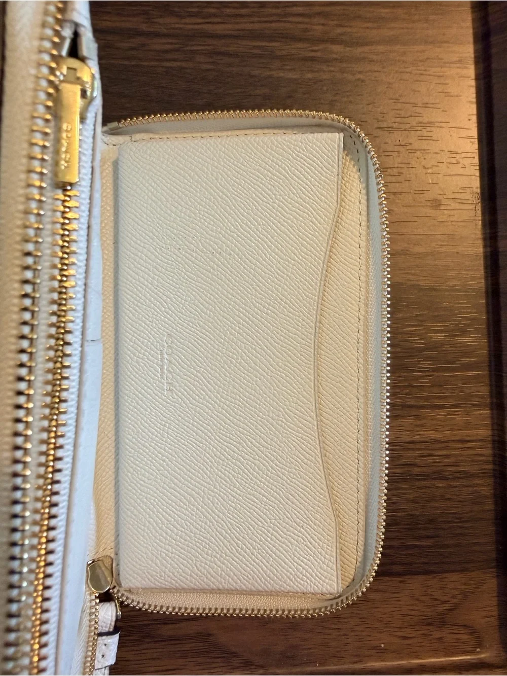 Coach Cream Pebbled Leather Wristlet with Gold Logo